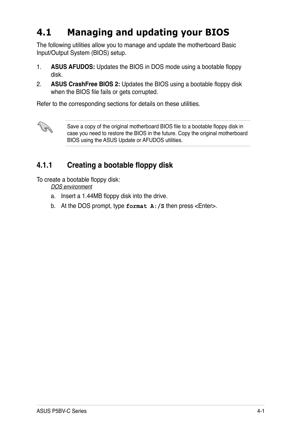 1 managing and updating your bios, 1 creating a bootable floppy disk | Asus P5BV-C User Manual | Page 59 / 161