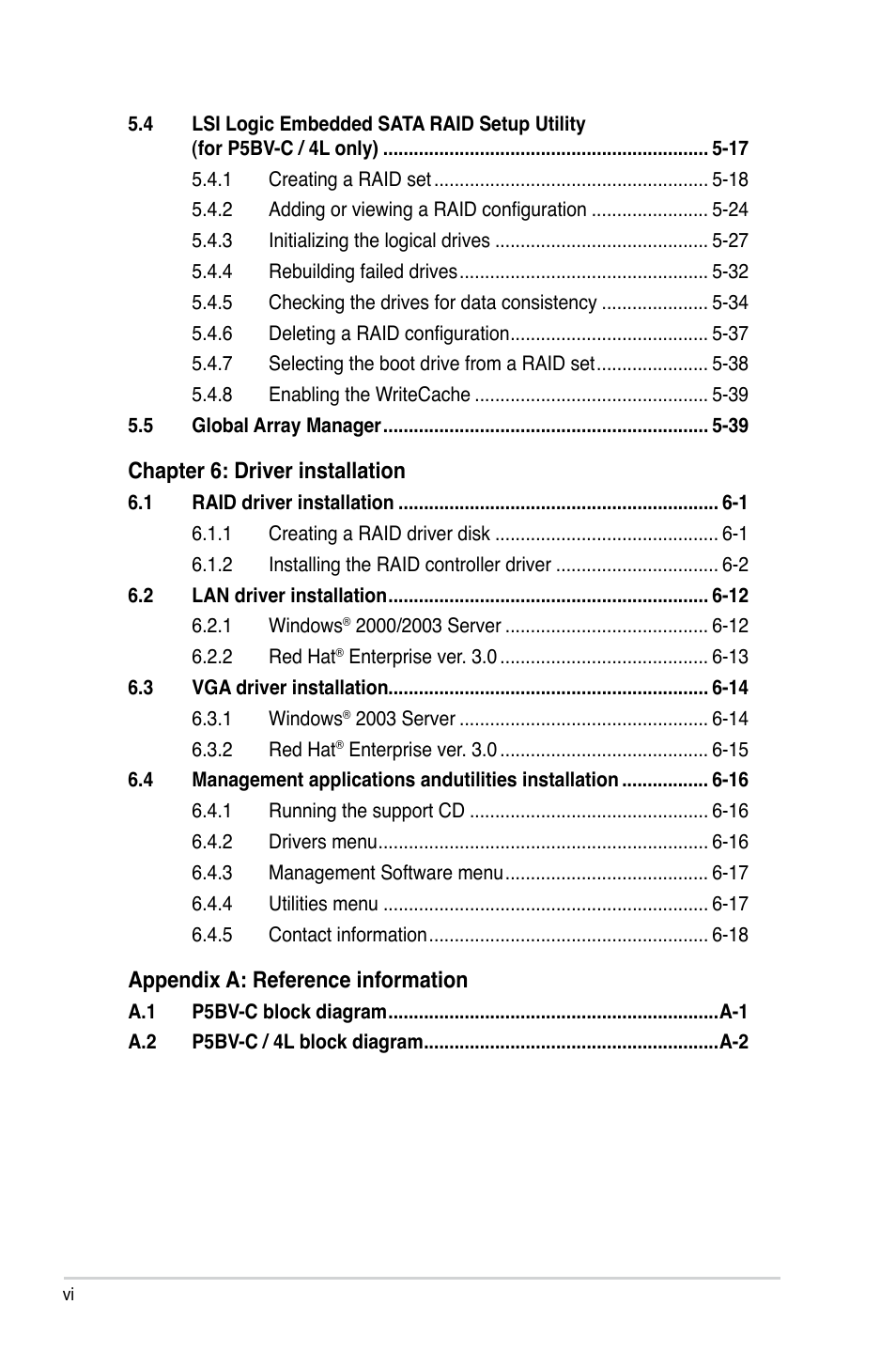 Chapter 6: driver installation, Appendix a: reference information | Asus P5BV-C User Manual | Page 6 / 161