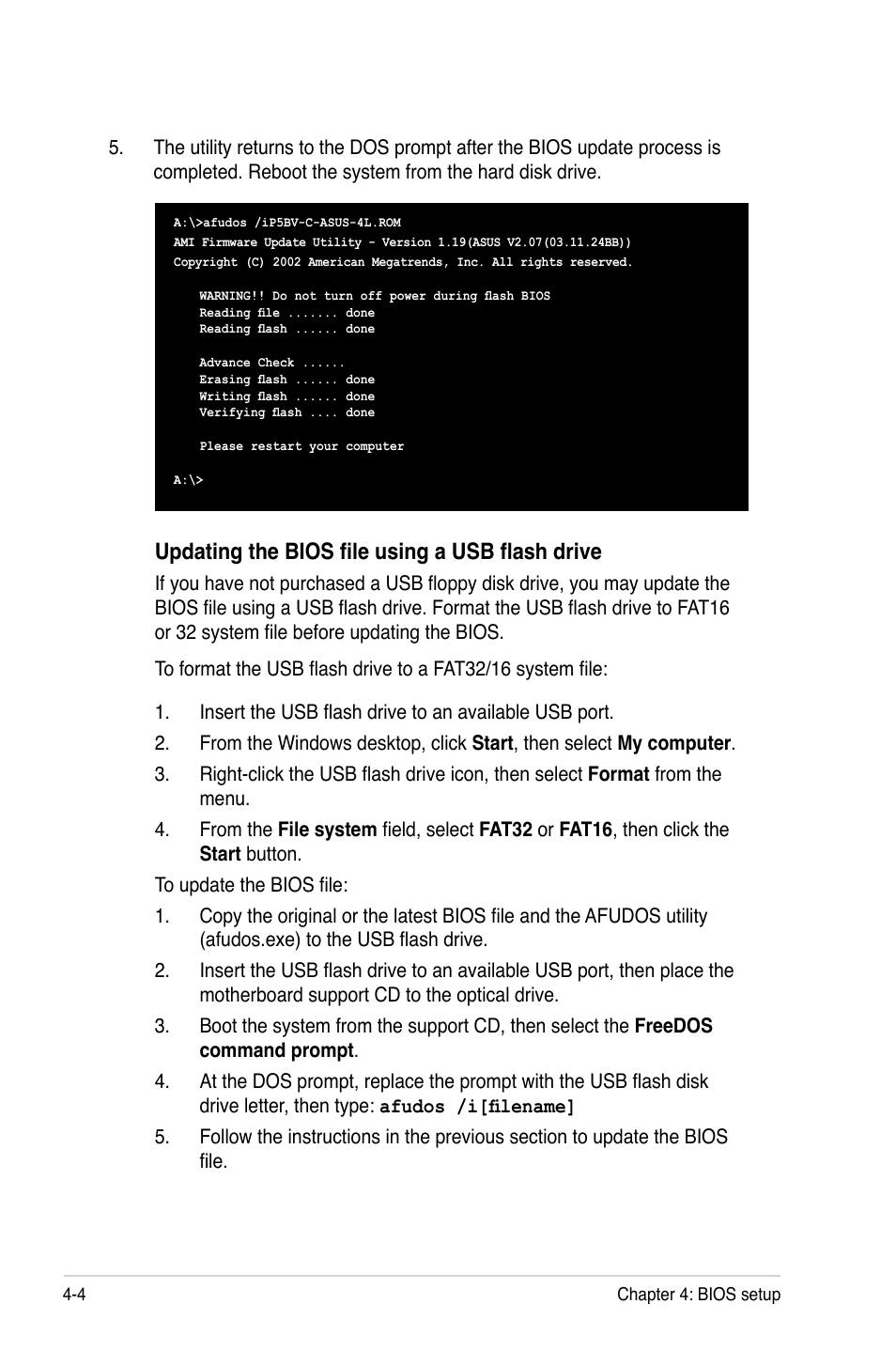 Updating the bios file using a usb flash drive | Asus P5BV-C User Manual | Page 62 / 161