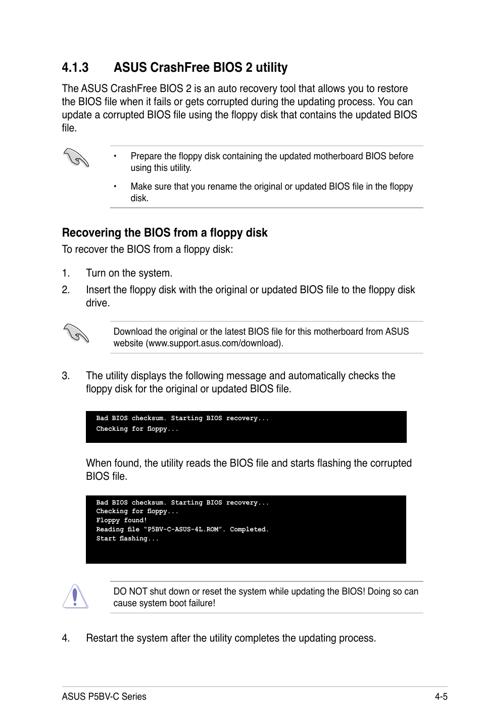 3 asus crashfree bios 2 utility, Recovering the bios from a floppy disk | Asus P5BV-C User Manual | Page 63 / 161