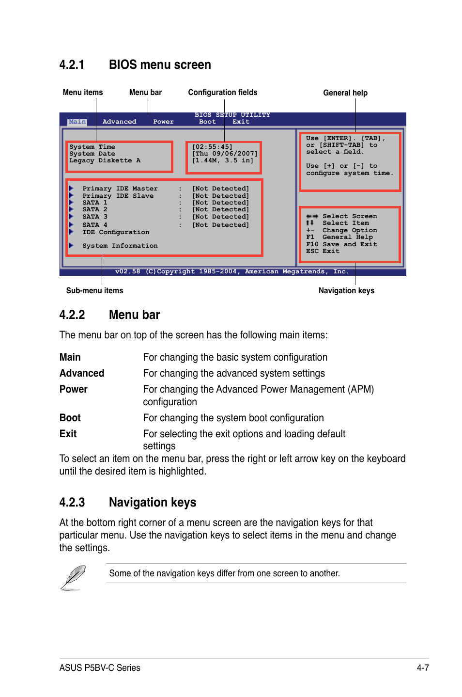 2 menu bar, 3 navigation keys, 1 bios menu screen | Asus P5BV-C User Manual | Page 65 / 161