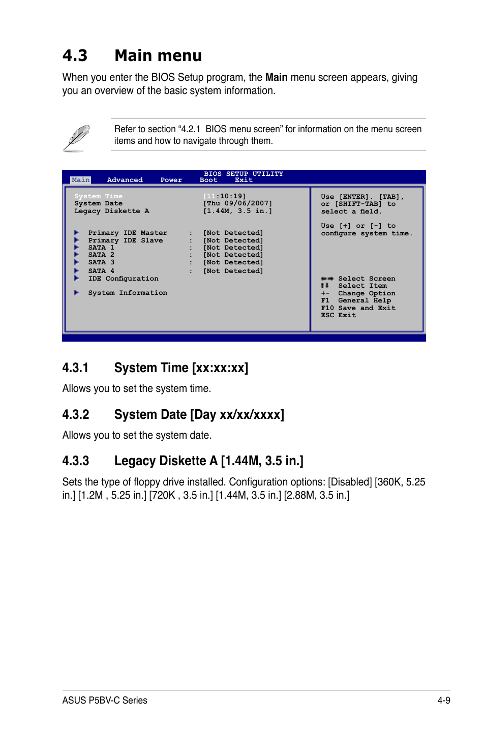 3 main menu, 1 system time [xx:xx:xx, Allows you to set the system time | Allows you to set the system date | Asus P5BV-C User Manual | Page 67 / 161