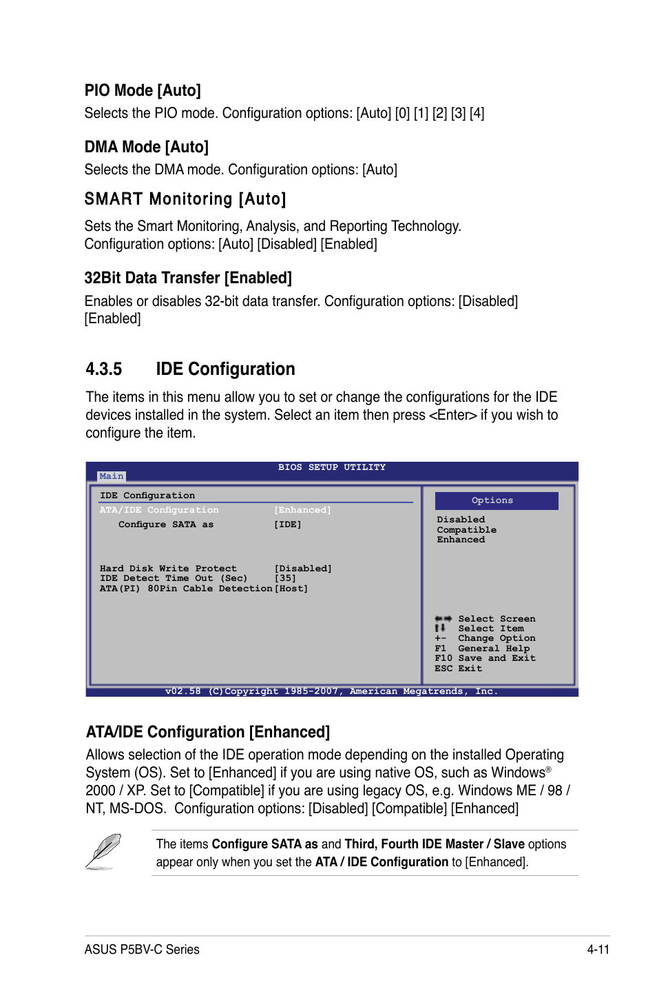 5 ide configuration, Pio mode [auto, Dma mode [auto | Smart monitoring [auto, 32bit data transfer [enabled, Ata/ide configuration [enhanced | Asus P5BV-C User Manual | Page 69 / 161