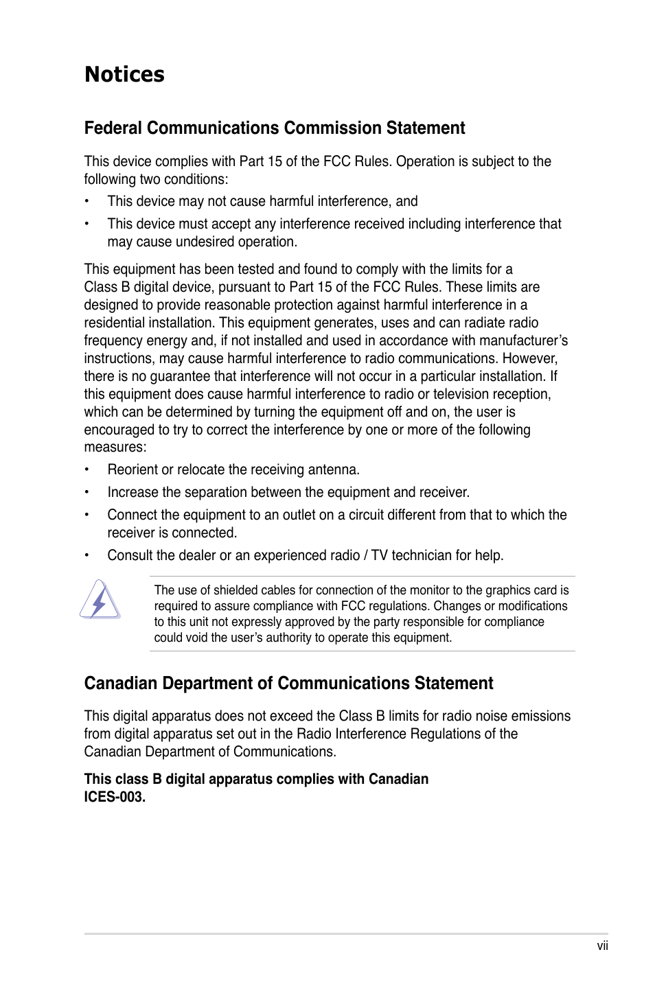 Notices, Federal communications commission statement, Canadian department of communications statement | Asus P5BV-C User Manual | Page 7 / 161