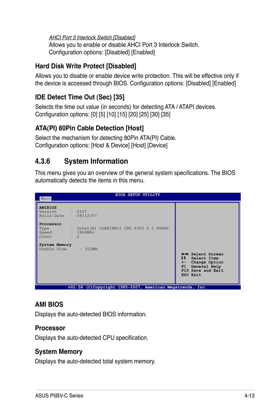 6 system information, Ami bios, Processor | Hard disk write protect [disabled, Ide detect time out (sec) [35, Ata(pi) 80pin cable detection [host | Asus P5BV-C User Manual | Page 71 / 161