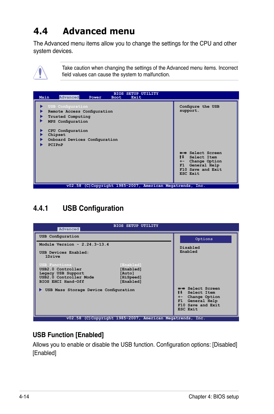 4 advanced menu, 1 usb configuration, Usb function [enabled | Asus P5BV-C User Manual | Page 72 / 161