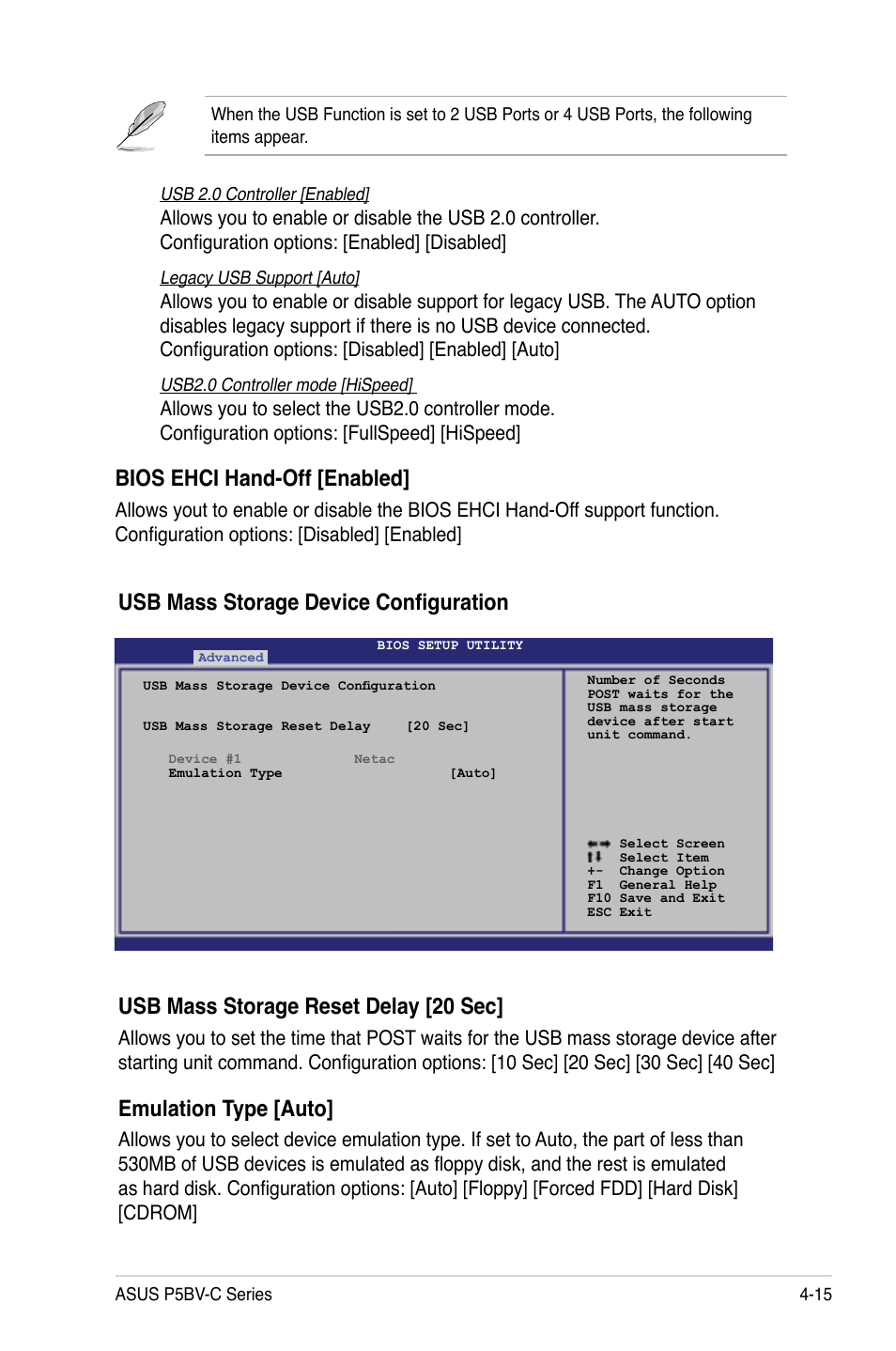 Bios ehci hand-off [enabled, Emulation type [auto | Asus P5BV-C User Manual | Page 73 / 161