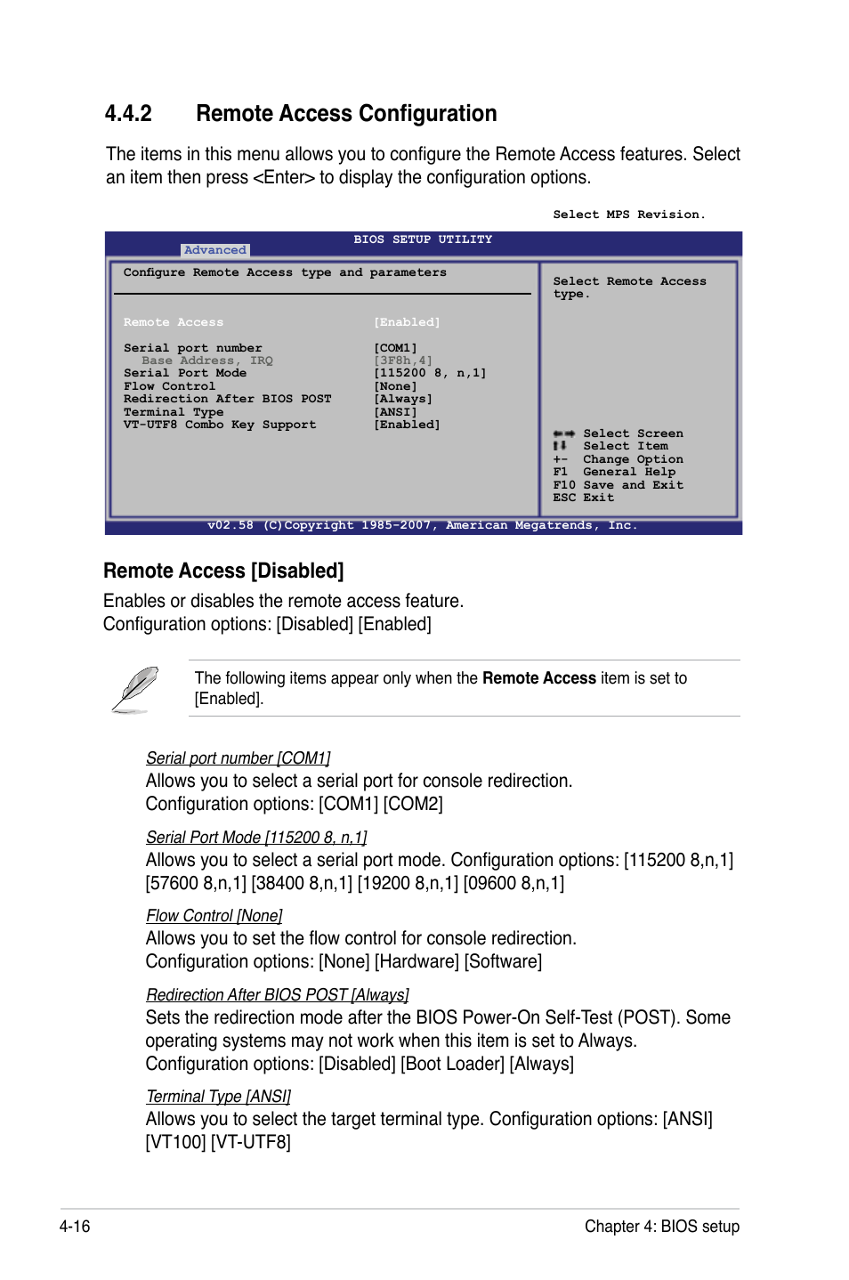 2 remote access configuration, Remote access [disabled | Asus P5BV-C User Manual | Page 74 / 161