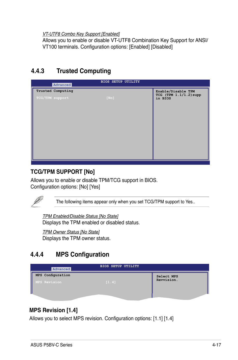 3 trusted computing, 4 mps configuration, Tcg/tpm support [no | Mps revision [1.4 | Asus P5BV-C User Manual | Page 75 / 161