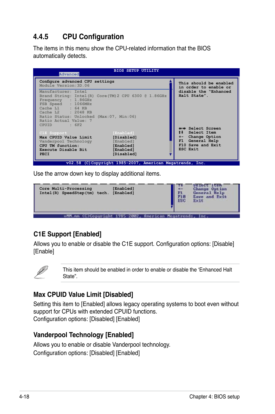 5 cpu configuration, C1e support [enabled, Max cpuid value limit [disabled | Vanderpool technology [enabled, Use the arrow down key to display additional items | Asus P5BV-C User Manual | Page 76 / 161