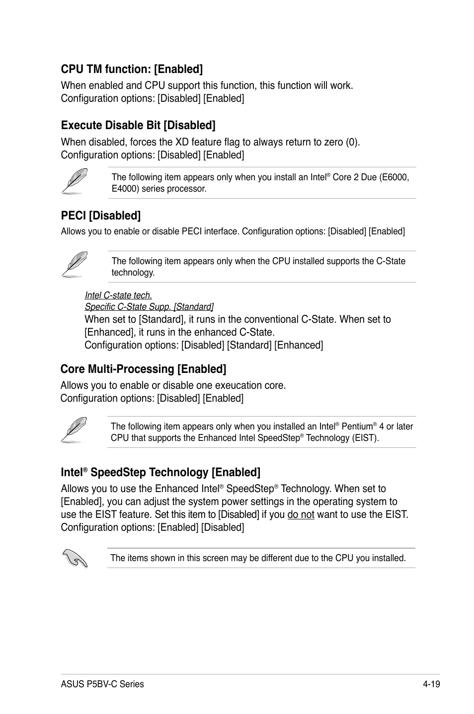 Execute disable bit [disabled, Peci [disabled, Core multi-processing [enabled | Intel, Speedstep technology [enabled, Cpu tm function: [enabled | Asus P5BV-C User Manual | Page 77 / 161