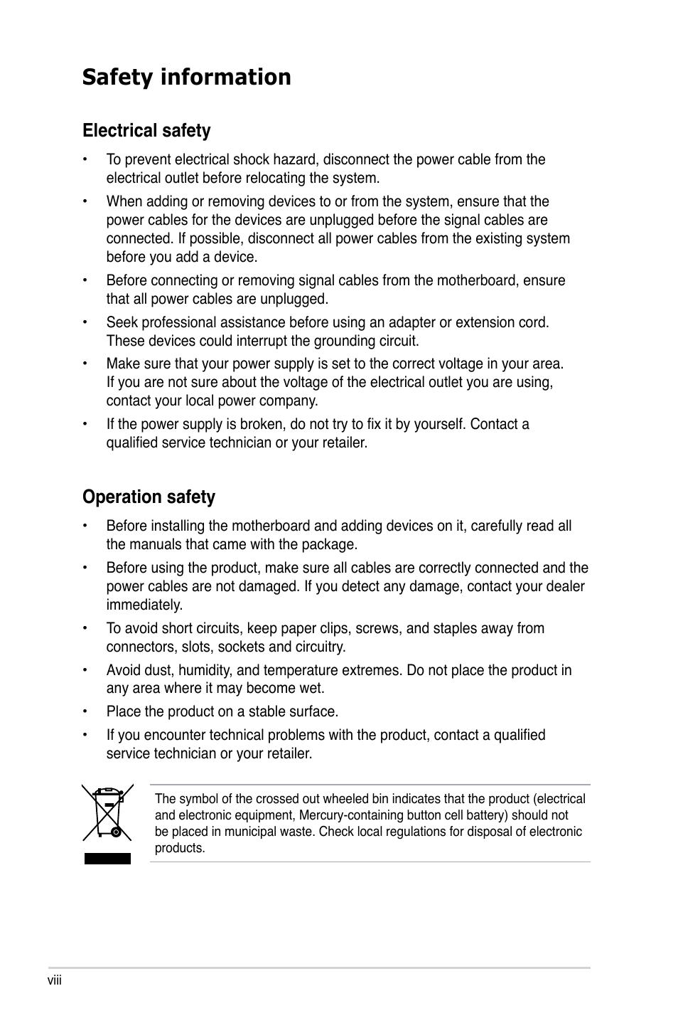 Safety information, Electrical safety, Operation safety | Asus P5BV-C User Manual | Page 8 / 161