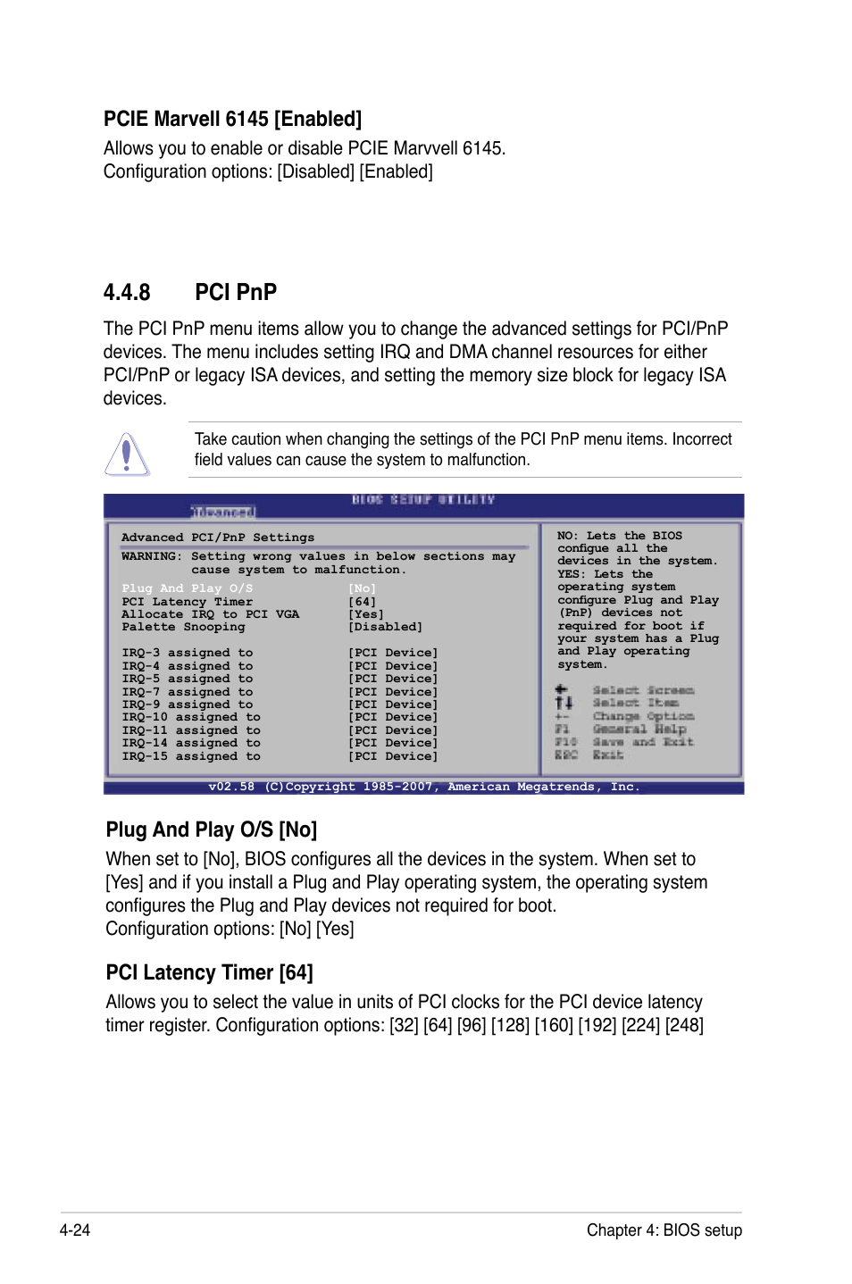 8 pci pnp, Plug and play o/s [no, Pci latency timer [64 | Pcie marvell 6145 [enabled | Asus P5BV-C User Manual | Page 82 / 161