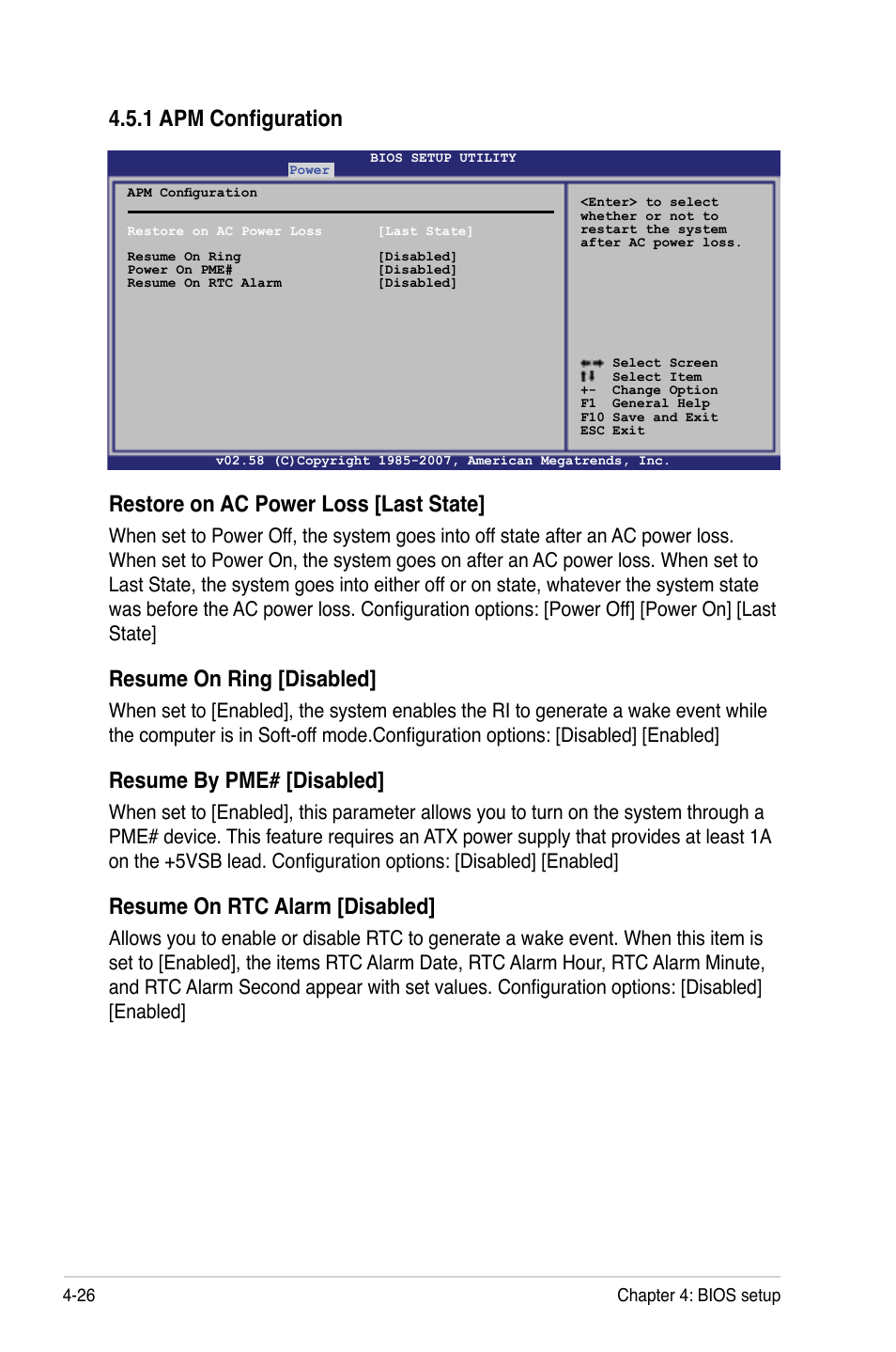 Resume on ring [disabled, Resume by pme# [disabled, Resume on rtc alarm [disabled | Asus P5BV-C User Manual | Page 84 / 161