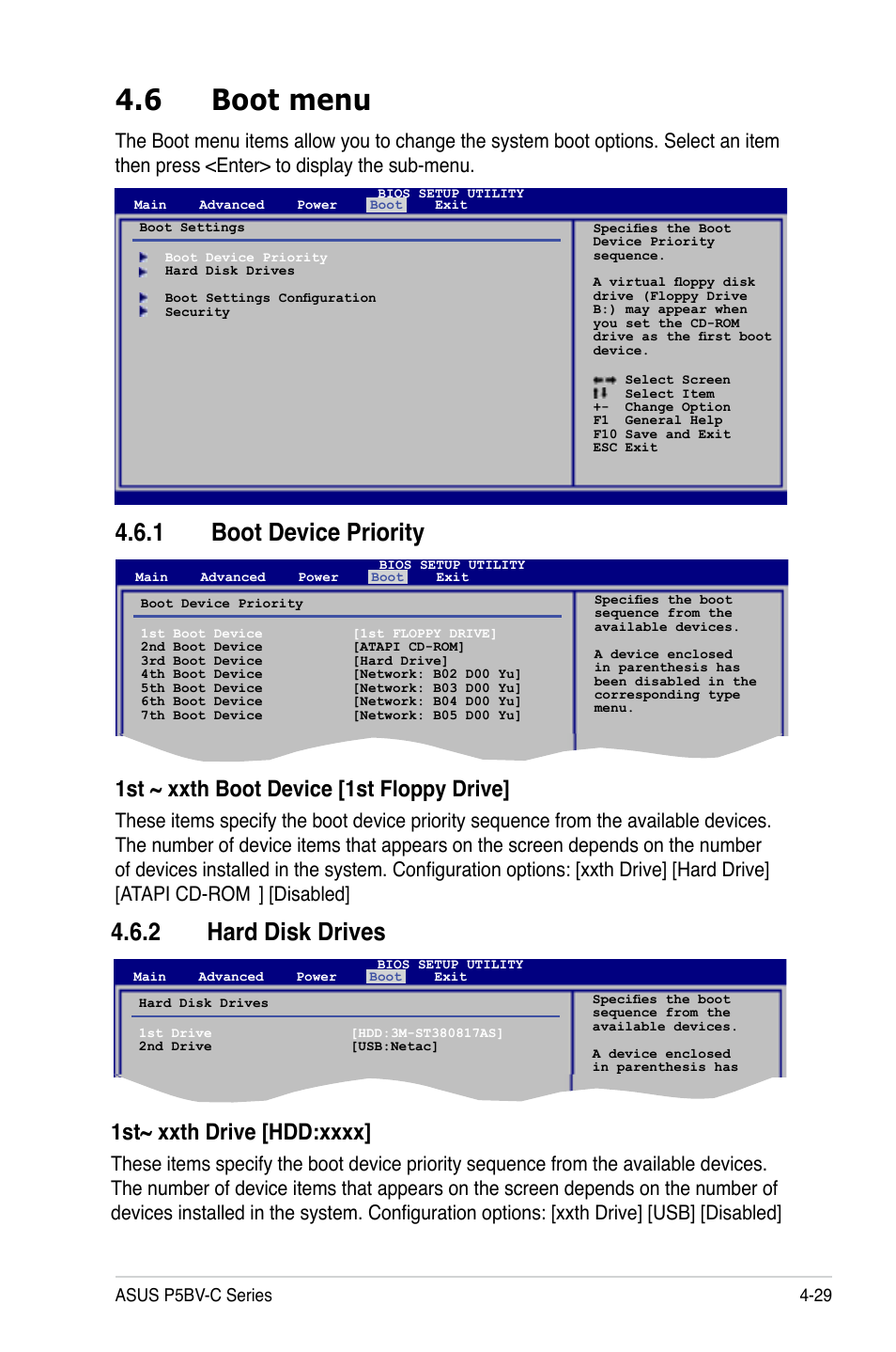 6 boot menu, 1 boot device priority, 2 hard disk drives | 1st ~ xxth boot device [1st floppy drive, Disabled | Asus P5BV-C User Manual | Page 87 / 161