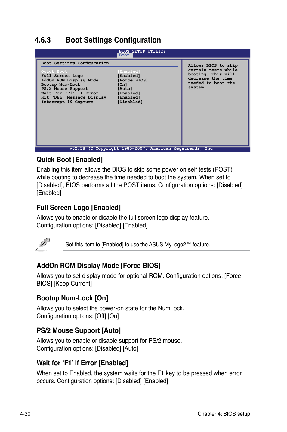 3 boot settings configuration, Quick boot [enabled, Full screen logo [enabled | Addon rom display mode [force bios, Bootup num-lock [on, Ps/2 mouse support [auto, Wait for ‘f1’ if error [enabled | Asus P5BV-C User Manual | Page 88 / 161