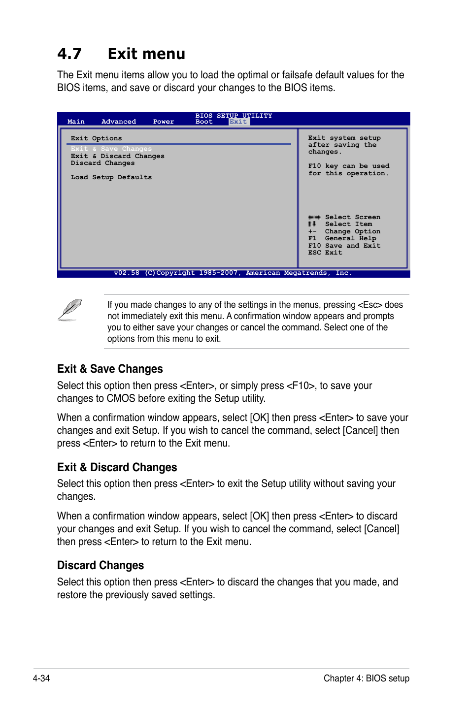 7 exit menu, Exit & save changes, Exit & discard changes | Discard changes | Asus P5BV-C User Manual | Page 92 / 161