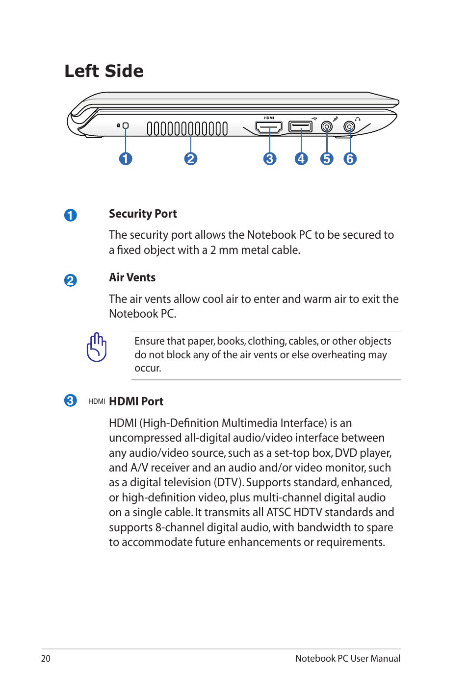Left side | Asus UL20FT User Manual | Page 20 / 104