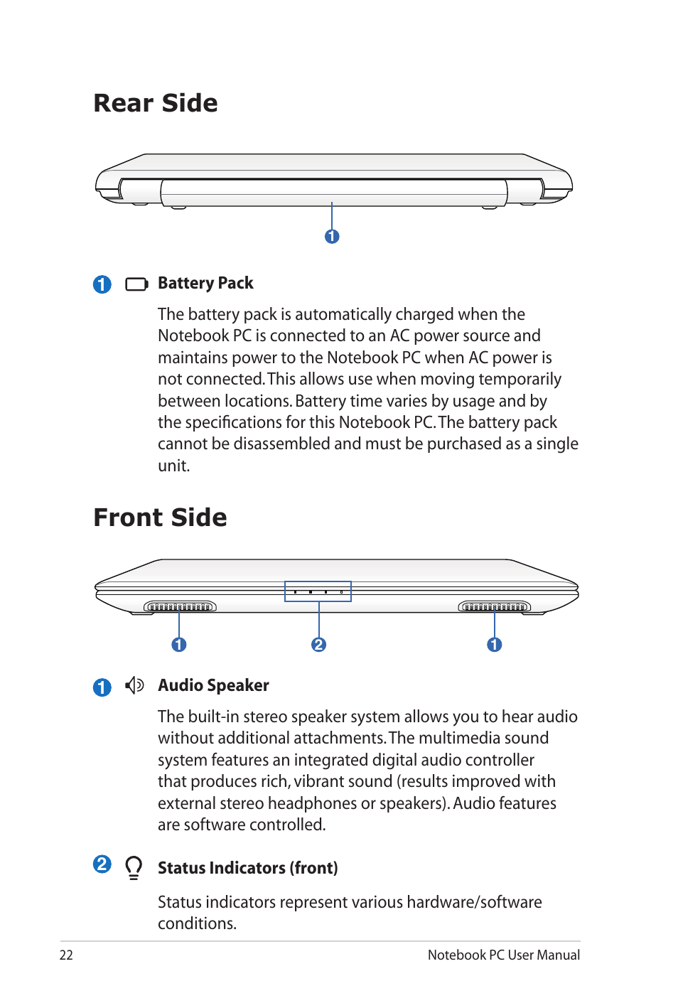 Rear side, Front side, Rear side front side | Asus UL20FT User Manual | Page 22 / 104