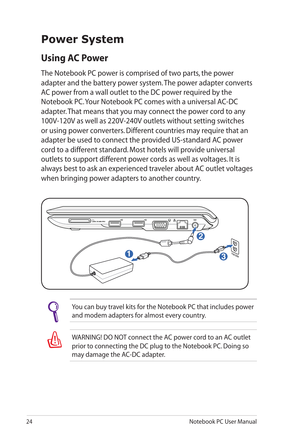 Power system, Using ac power | Asus UL20FT User Manual | Page 24 / 104