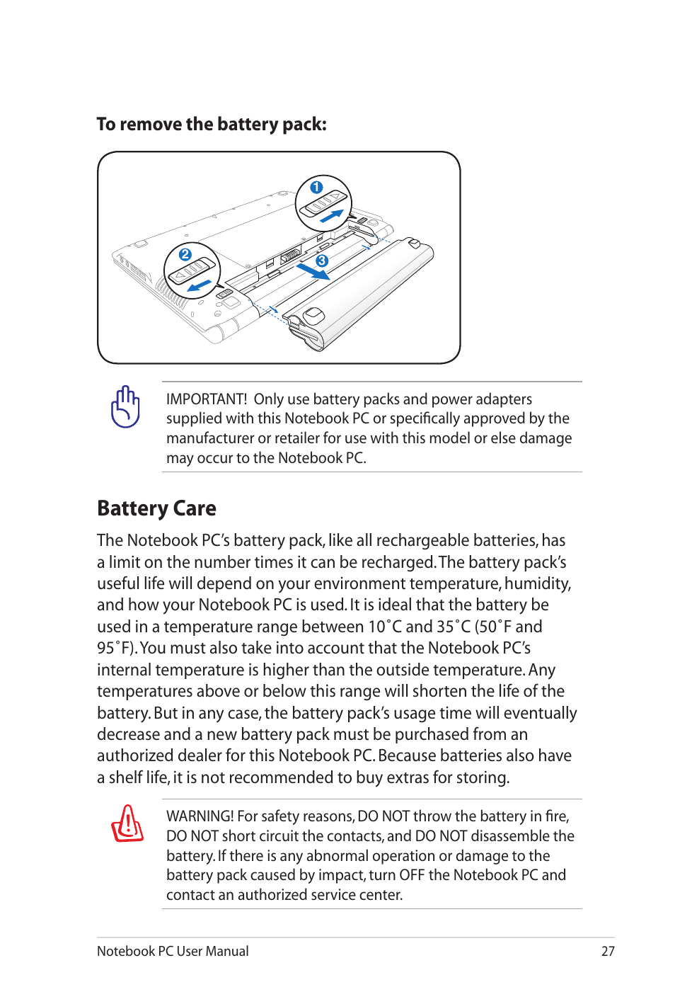 Battery care | Asus UL20FT User Manual | Page 27 / 104