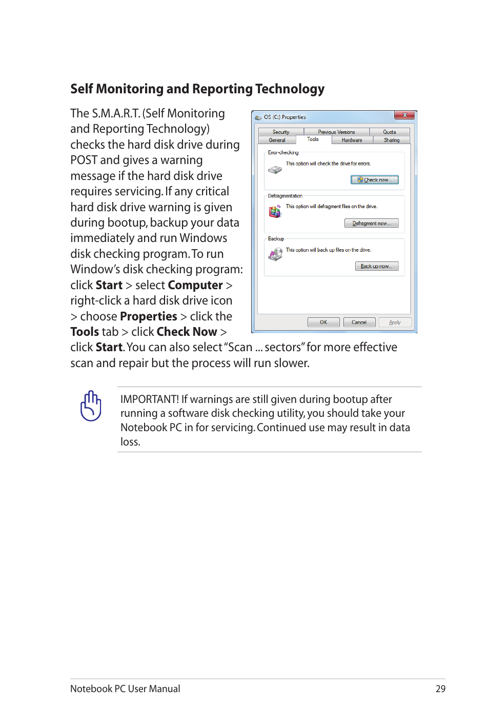 Self monitoring and reporting technology | Asus UL20FT User Manual | Page 29 / 104