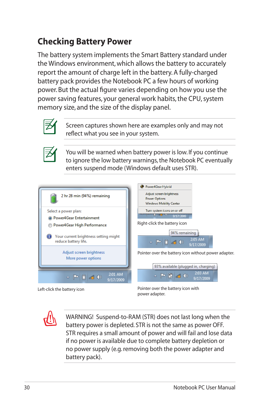 Checking battery power | Asus UL20FT User Manual | Page 30 / 104