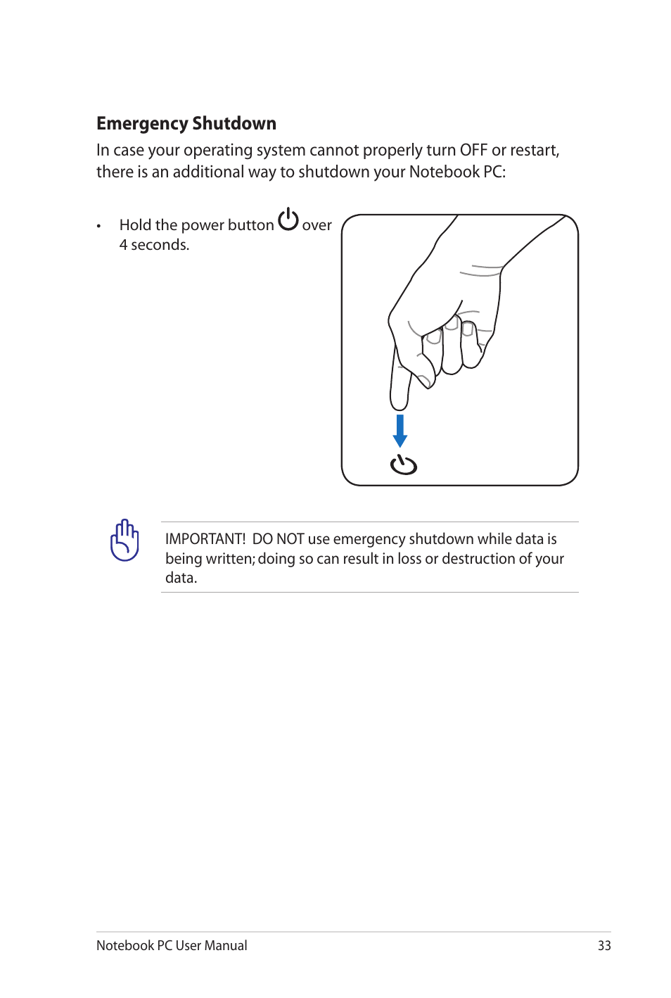 Emergency shutdown | Asus UL20FT User Manual | Page 33 / 104