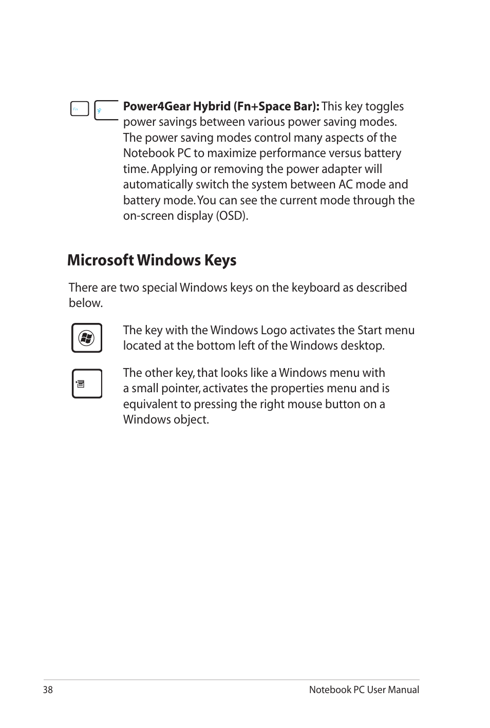 Microsoft windows keys | Asus UL20FT User Manual | Page 38 / 104