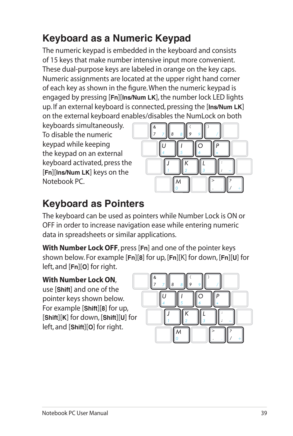 Keyboard as a numeric keypad, Keyboard as pointers | Asus UL20FT User Manual | Page 39 / 104