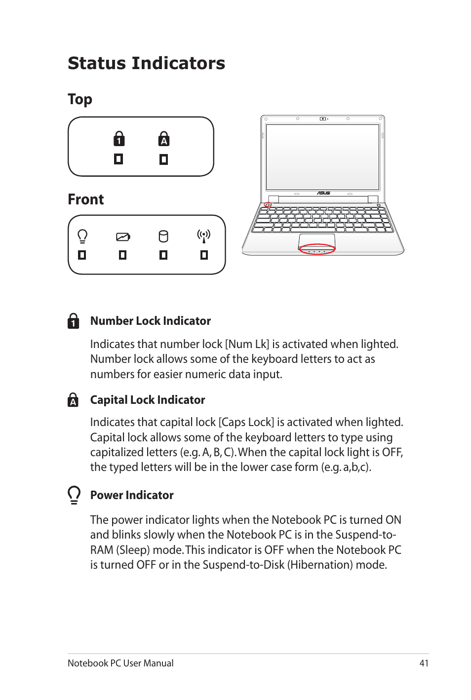 Status indicators, Front | Asus UL20FT User Manual | Page 41 / 104