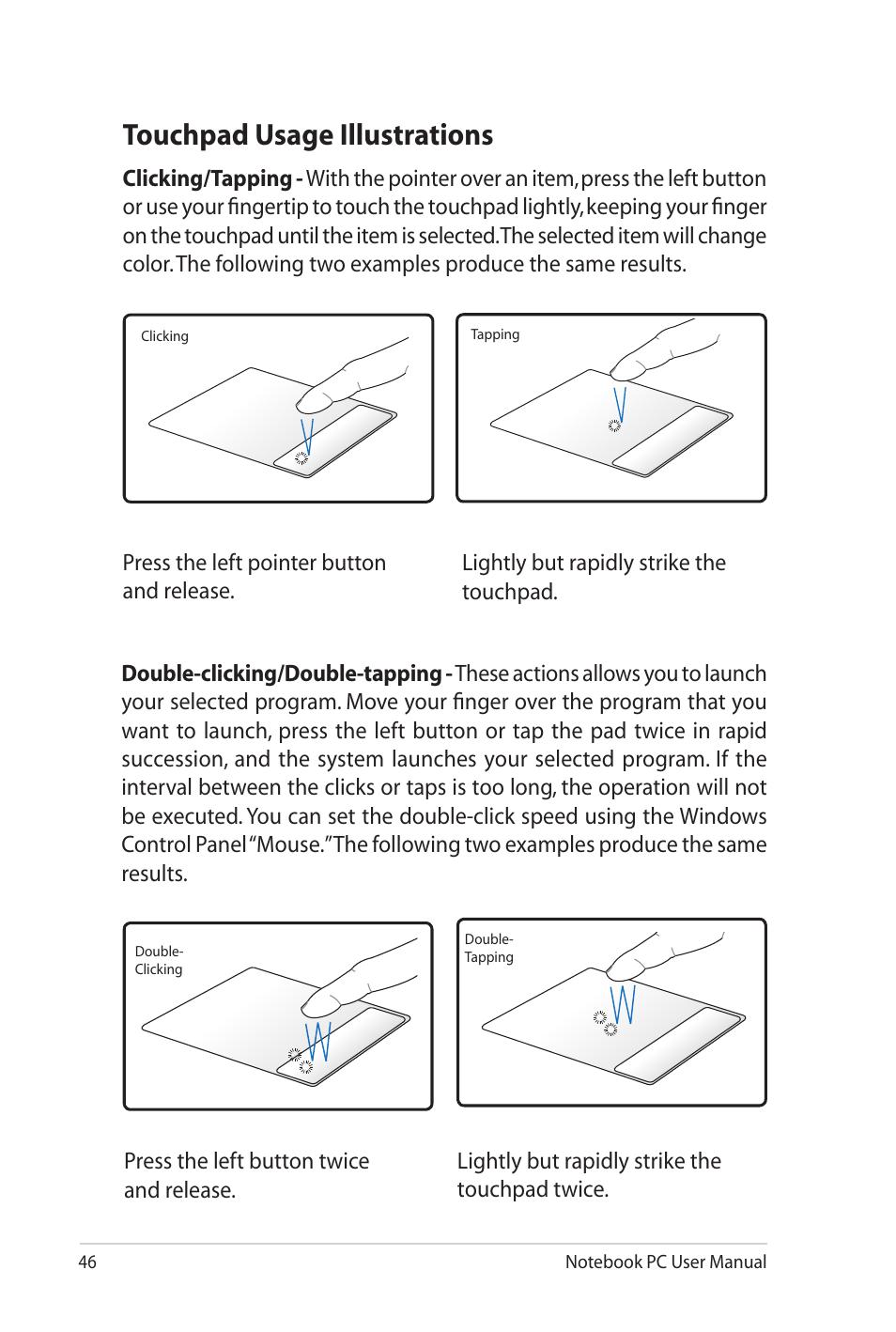Touchpad usage illustrations | Asus UL20FT User Manual | Page 46 / 104