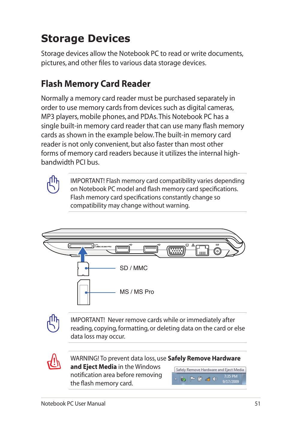 Storage devices, Flash memory card reader | Asus UL20FT User Manual | Page 51 / 104