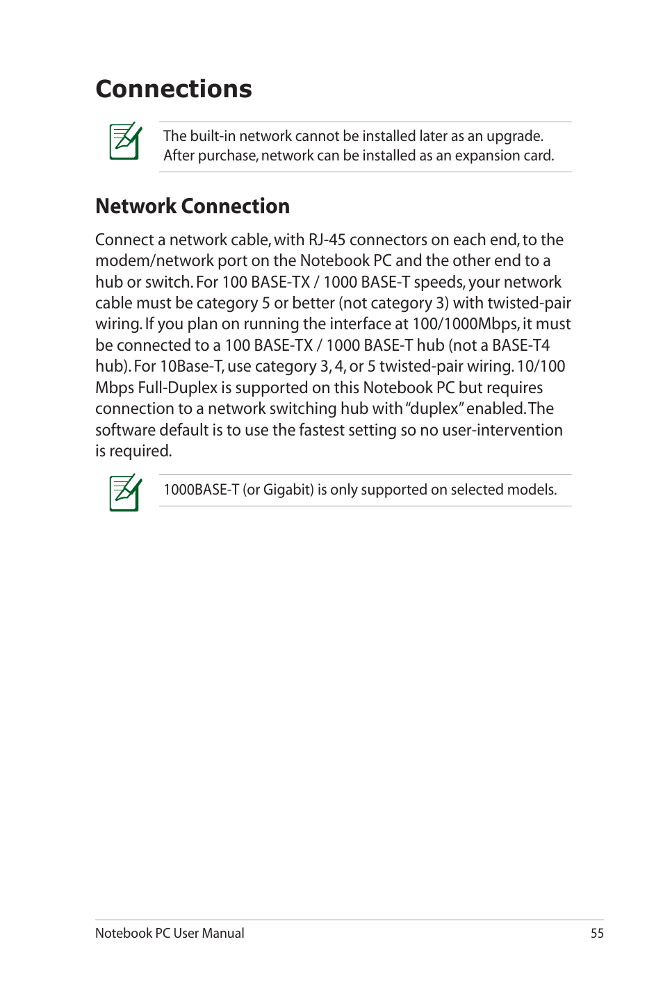 Connections, Network connection | Asus UL20FT User Manual | Page 55 / 104