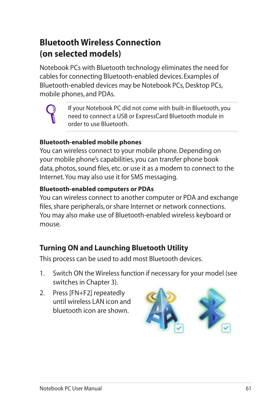 Bluetooth wireless connection(on selected models), Bluetooth wireless connection (on selected models) | Asus UL20FT User Manual | Page 61 / 104