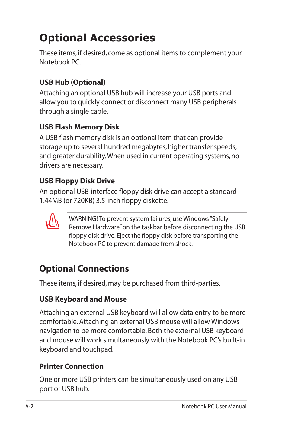 Optional accessories, Optional connections | Asus UL20FT User Manual | Page 66 / 104