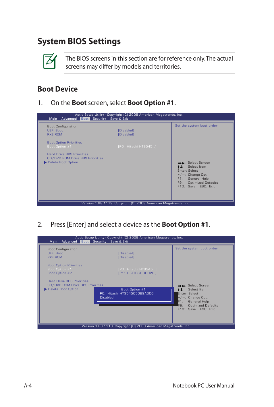 System bios settings, Boot device, On the boot screen, select boot option #1 | Asus UL20FT User Manual | Page 68 / 104