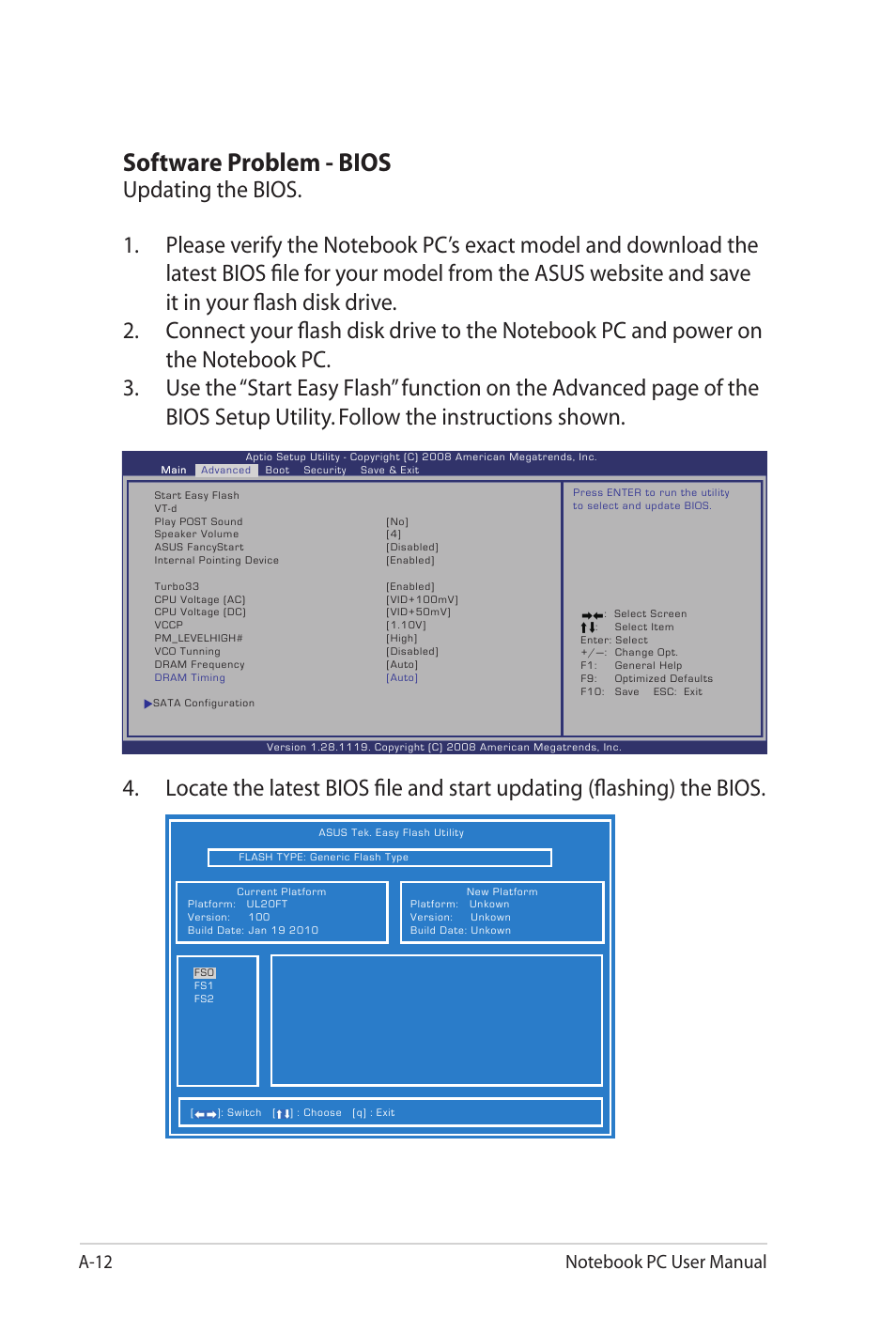 Software problem - bios | Asus UL20FT User Manual | Page 76 / 104