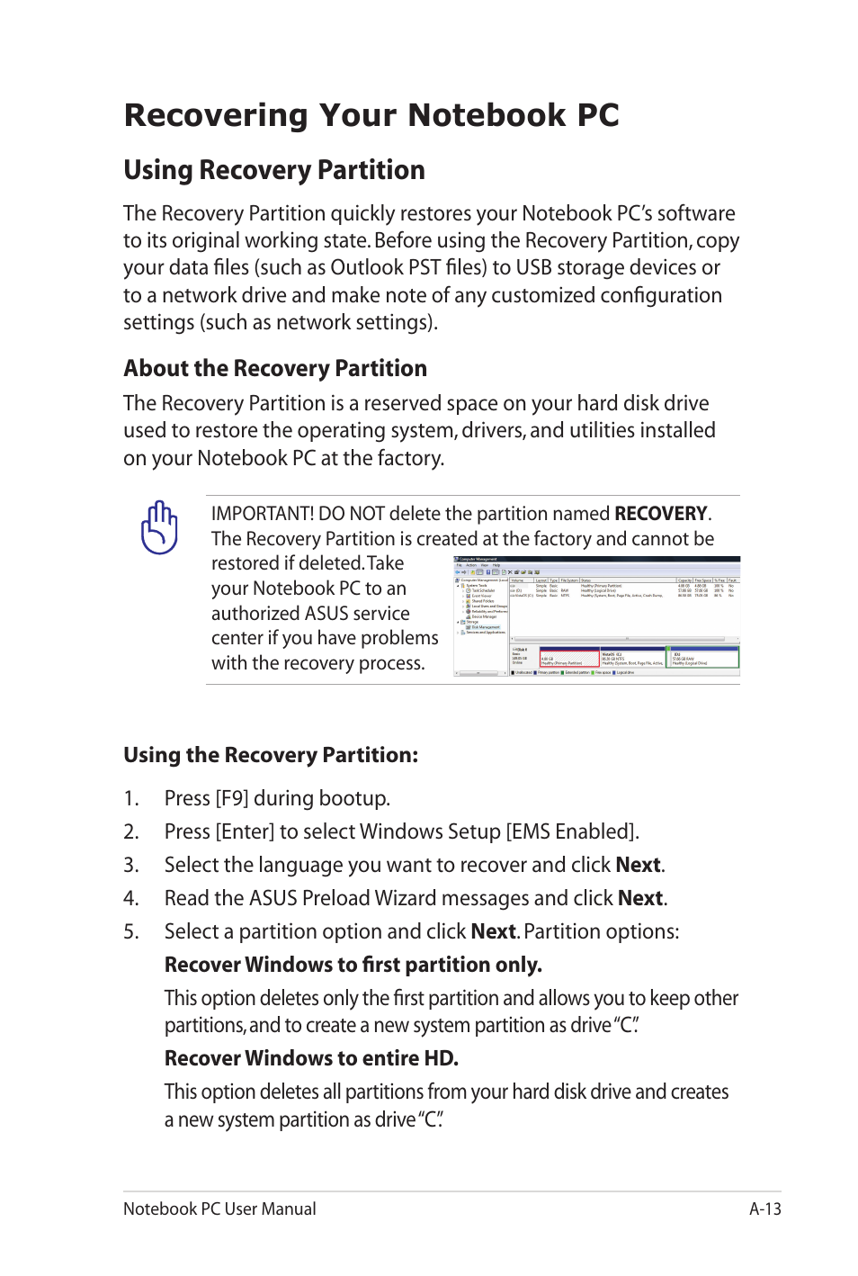 Using recovery partition | Asus UL20FT User Manual | Page 77 / 104