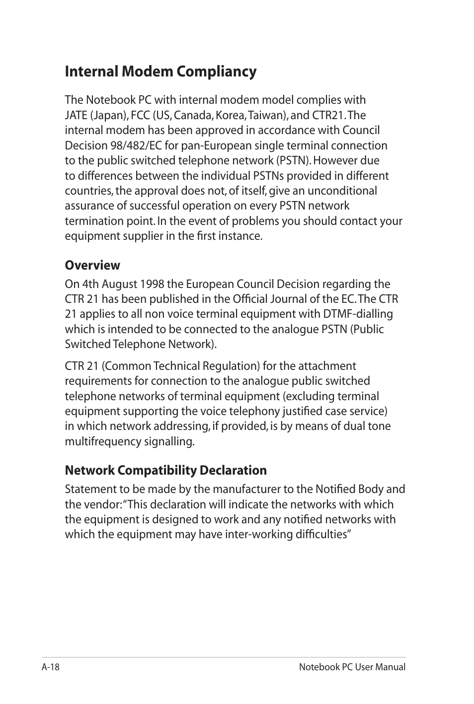 Internal modem compliancy | Asus UL20FT User Manual | Page 82 / 104