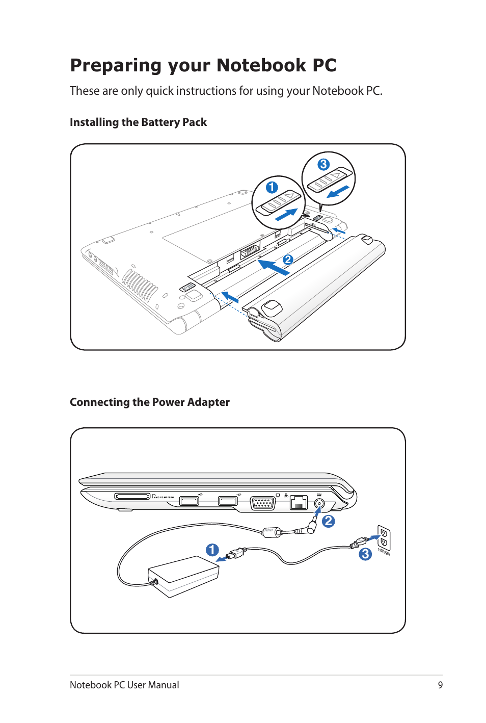 Preparing your notebook pc | Asus UL20FT User Manual | Page 9 / 104