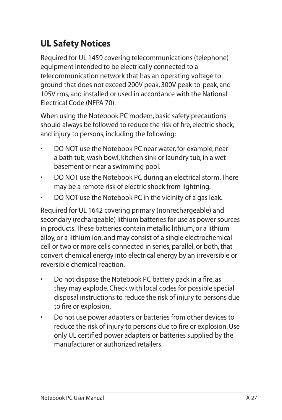 Ul safety notices | Asus UL20FT User Manual | Page 91 / 104