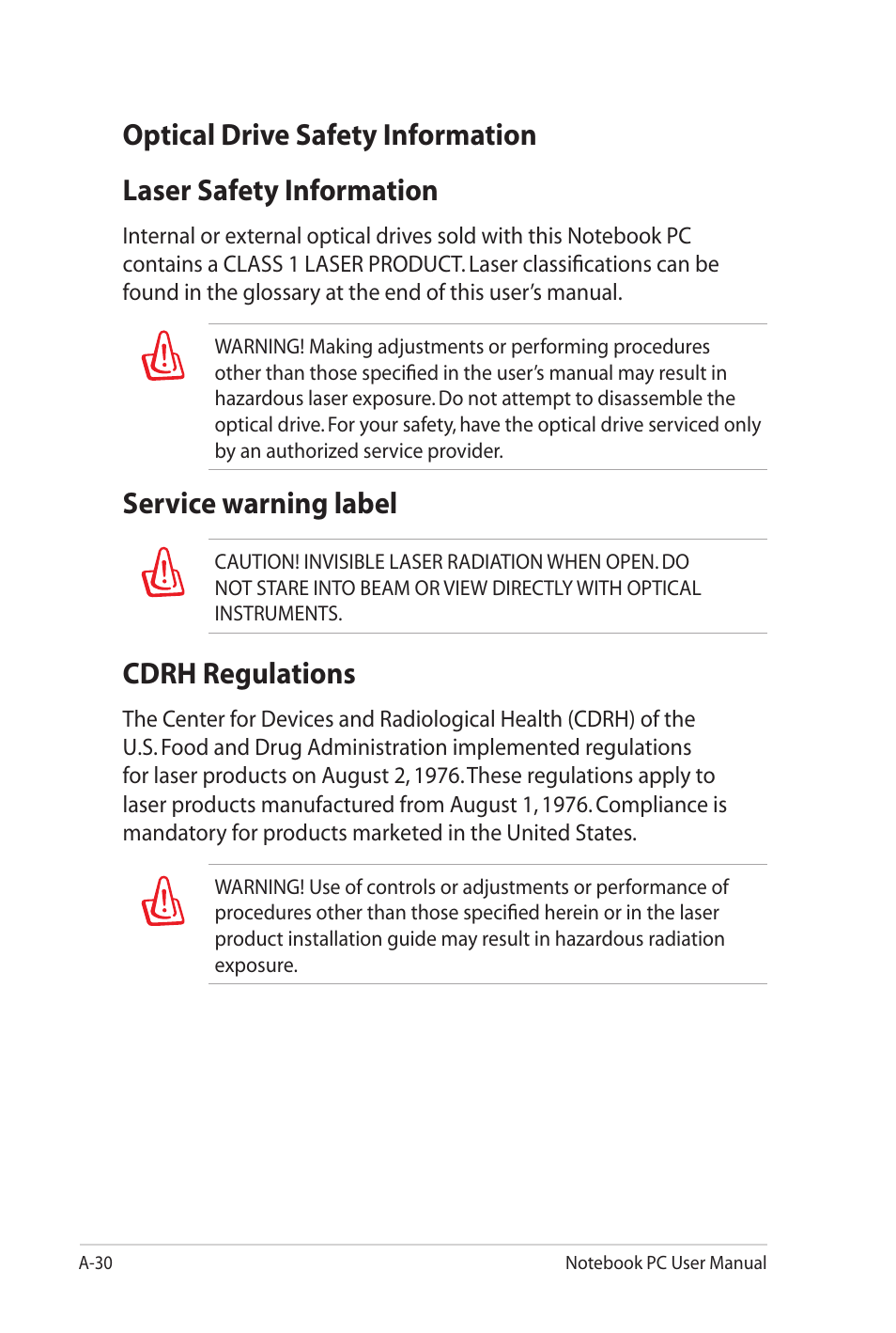 Service warning label, Cdrh regulations | Asus UL20FT User Manual | Page 94 / 104