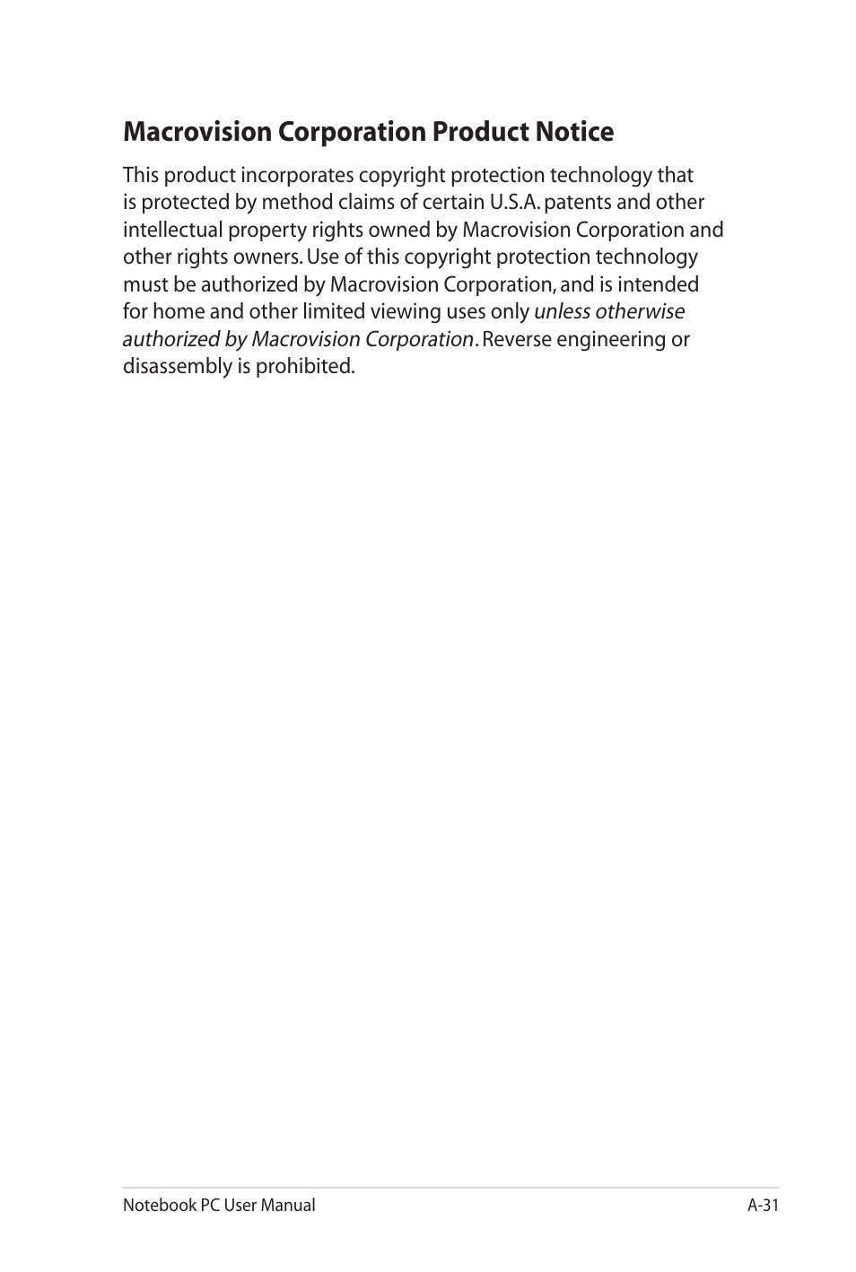 Macrovision corporation product notice | Asus UL20FT User Manual | Page 95 / 104