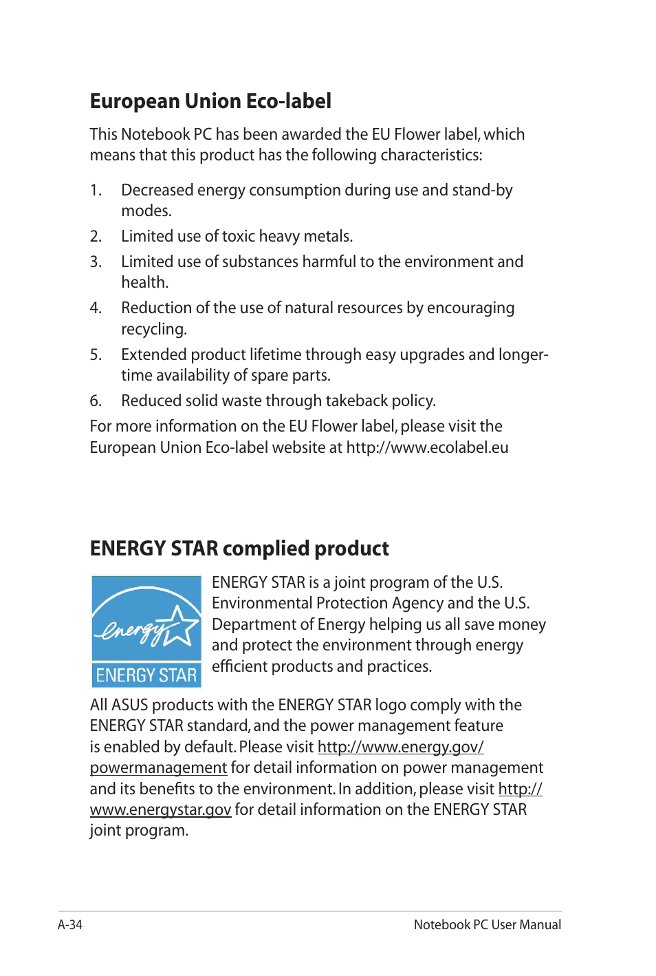 European union eco-label, Energy star complied product | Asus UL20FT User Manual | Page 98 / 104