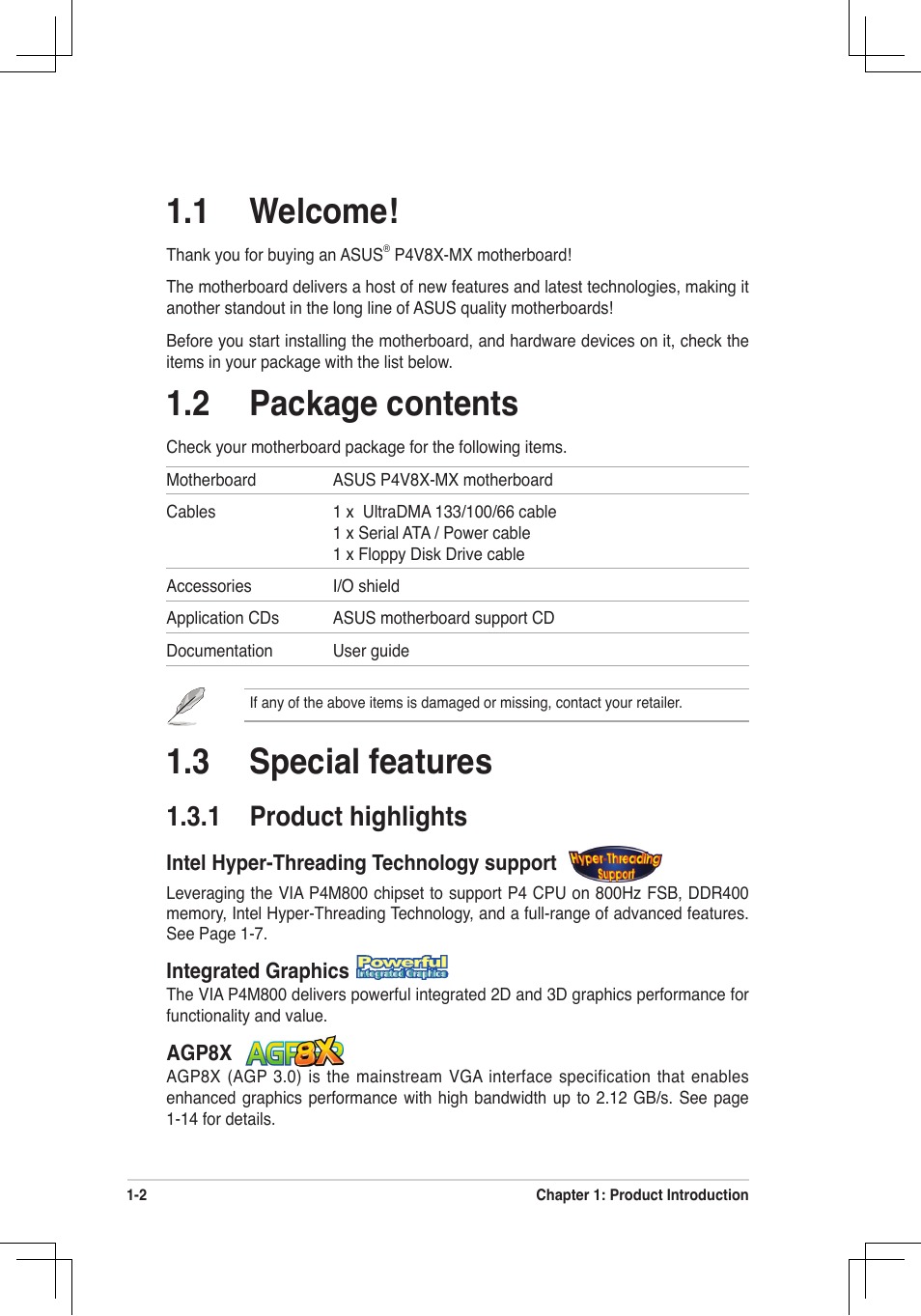 3 special features, 1 welcome, 2 package contents | 1 product highlights | Asus P4V8X-MX User Manual | Page 11 / 71