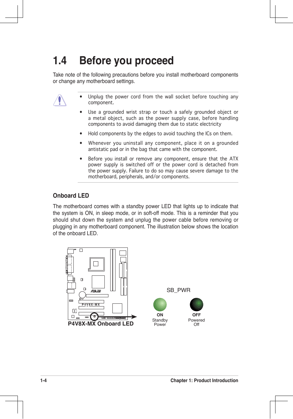 4 before you proceed, Onboard led | Asus P4V8X-MX User Manual | Page 13 / 71