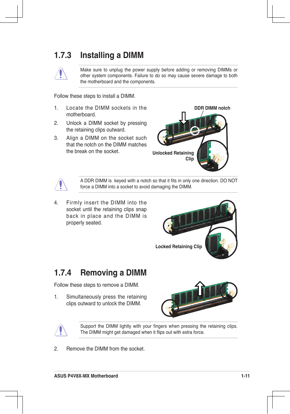 3 installing a dimm, 4 removing a dimm | Asus P4V8X-MX User Manual | Page 20 / 71