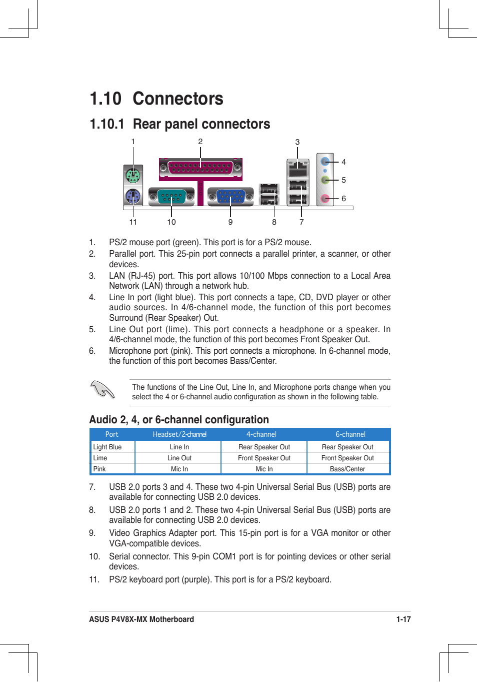 10 connectors, 1 rear panel connectors, Audio 2, 4, or 6-channel conﬁguration | Asus P4V8X-MX User Manual | Page 26 / 71