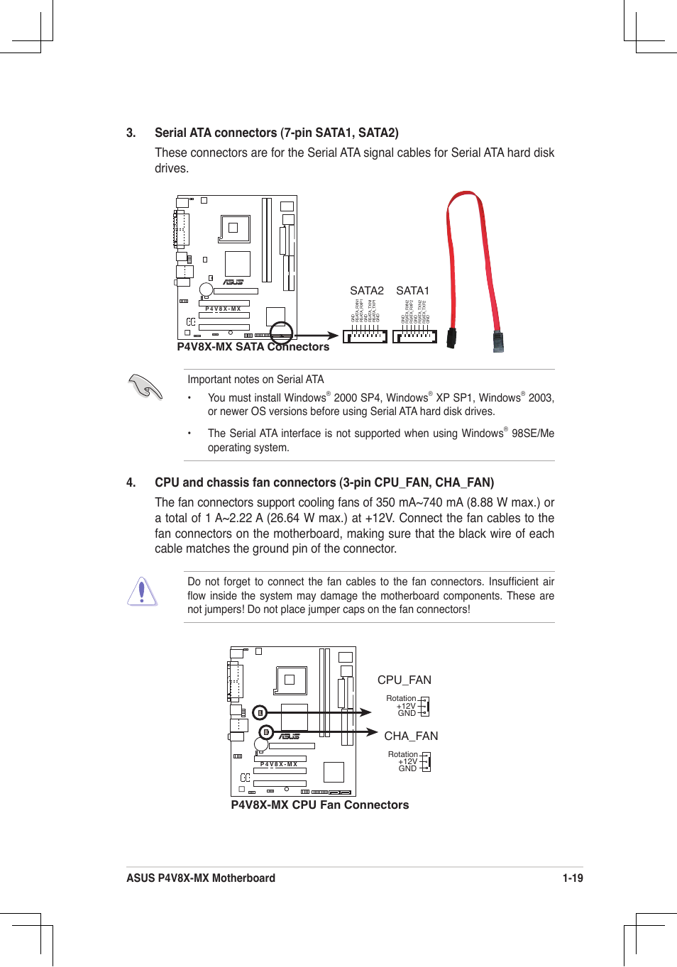 Xp sp1, windows, Cpu_fan, P4v8x-mx cpu fan connectors cha_fan | Sata2 sata1, P4v8x-mx sata connectors | Asus P4V8X-MX User Manual | Page 28 / 71